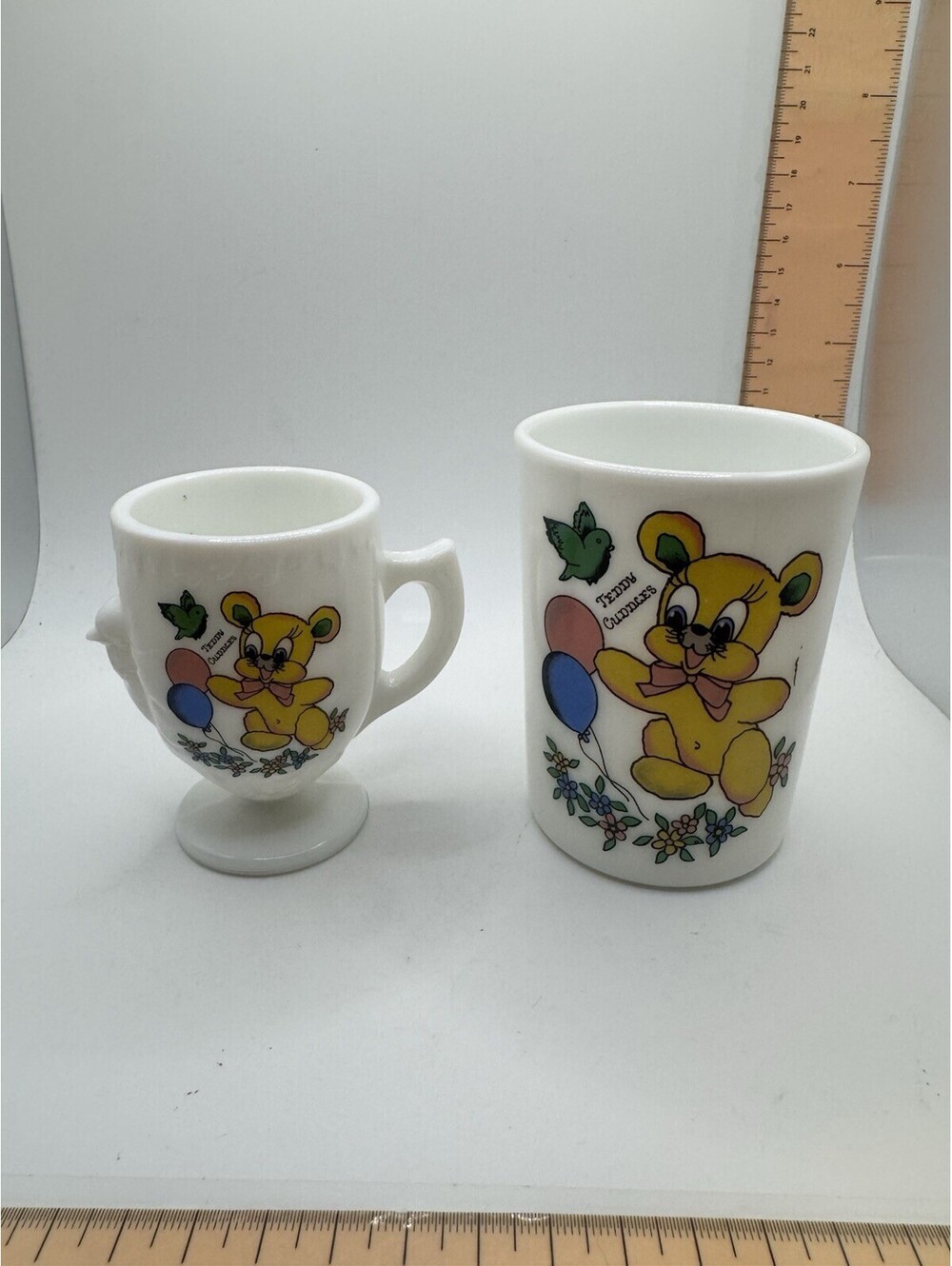 Vintage Teddy Cuddles Milk Glass Mug and Tumbler Set White Bear Bird Handle